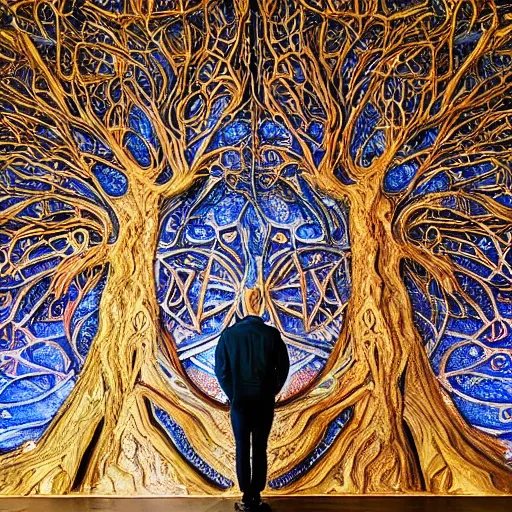 Prompt: a human man standing next to a cosmic tree, a sense of awe, amazement, monogon, plasma display, wooden, damascus, multiscopy, morph, in a symbolic and meaningful style, insanely detailed and intricate, hypermaximalist, elegant, ornate, hyper realistic, super detailed