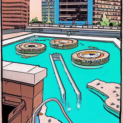 Prompt: big pool sunk in the ground like a damn garbage can, in the style of ron english, in the secondary style of matt bors, by david wojnarowicz, shock art, poster art, 8 k concept art, trending on behance