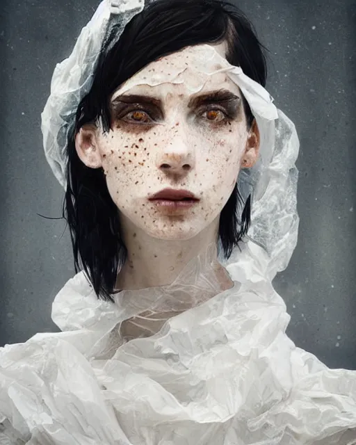 Prompt: half body portrait of juliana, in an outfit made from plastic bags, black hair, freckles, pale skin, photo by greg rutkowski, high fashion, female beauty, intricate detail, elegance, sharp shapes, soft lighting, vibrant colors, masterpiece