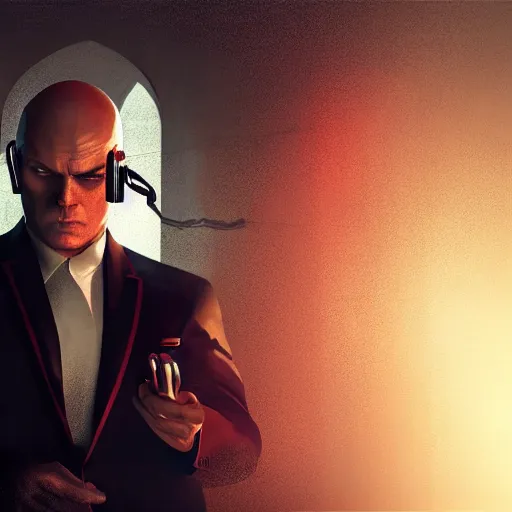Prompt: agent 4 7 from hitman wearing headphones and listening to music alone in a monestary, dark background, red rim light, highly detailed, smooth, sharp focus, art by ali kiani amin