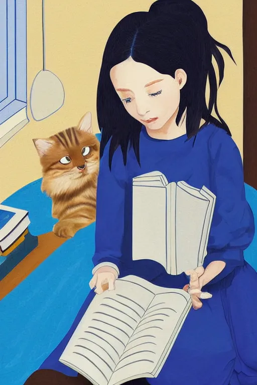 Image similar to a digital painting of a girl reading a book with a cat in A comfortable study room at night,JK uniform ,Hairdryer,blue theme,S line, by anmi and reoenl and krenz