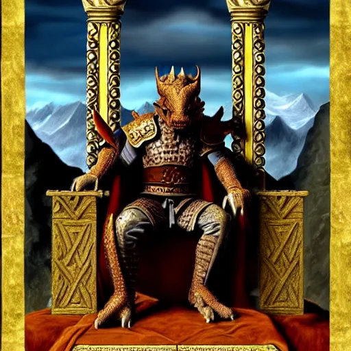 Image similar to a dragonborn as the king of a kingdom sitting on his throne, digital art, renaissance painting, fantasy art, ultra detailed, as coherent as Dall-E 2