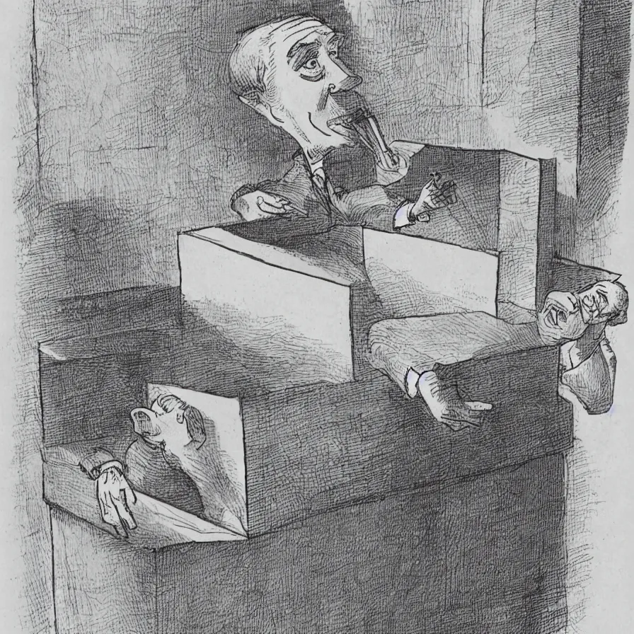 Prompt: a cartoon of a long - nosed man in a box poking his head through the top, as by william rotsler