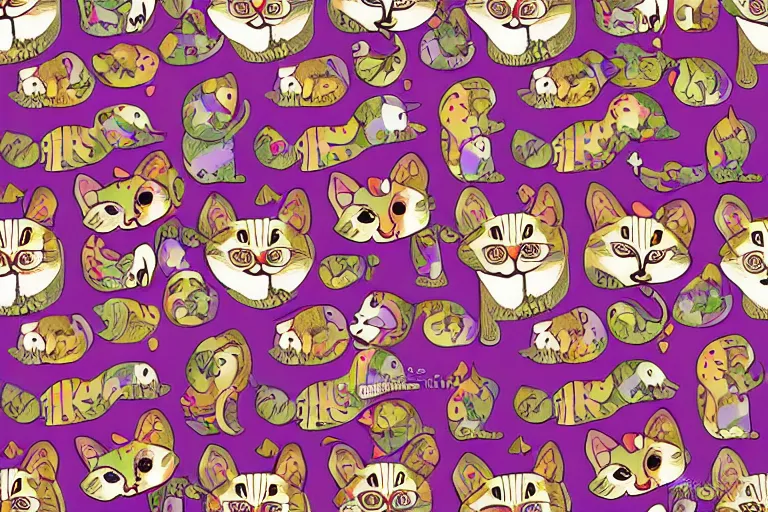 Prompt: beautiful art illustration of a group of happy cats by tony healey, highly detailed, seamless pattern, tiling