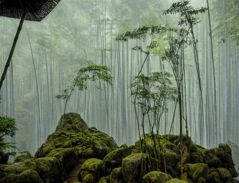 Prompt: a cinematic widescreen photo of epic ancient japanese hot springs temples on the top of a mountain in a misty bamboo cloud forest with waterfalls in winter by lee madgewick and studio ghibli