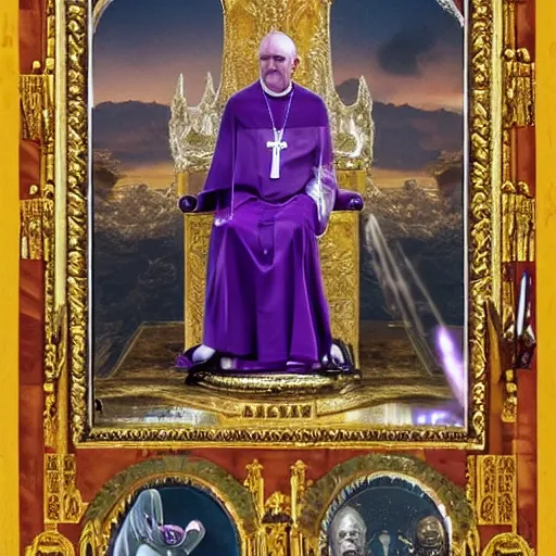 Image similar to pope thanos, purple skin, josh brolin, clerical clothes, full body shot, realistic, highly detailed