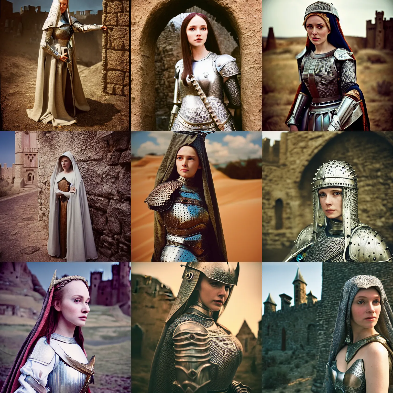 Prompt: Cinestill 800t, 8K, 35mm; beautiful ultra realistic medieval scene, 1290s frontiers in human medieval armour fashion magazine September retrofuturism Holy Herndon as joan of arc in Agnieszka Lorek edition, highly detailed, extreme closeup portrait, tilt shift desert castle background, three point perspective, focus on feminine model;knight;pursed lips;pointè pose, soft lighting