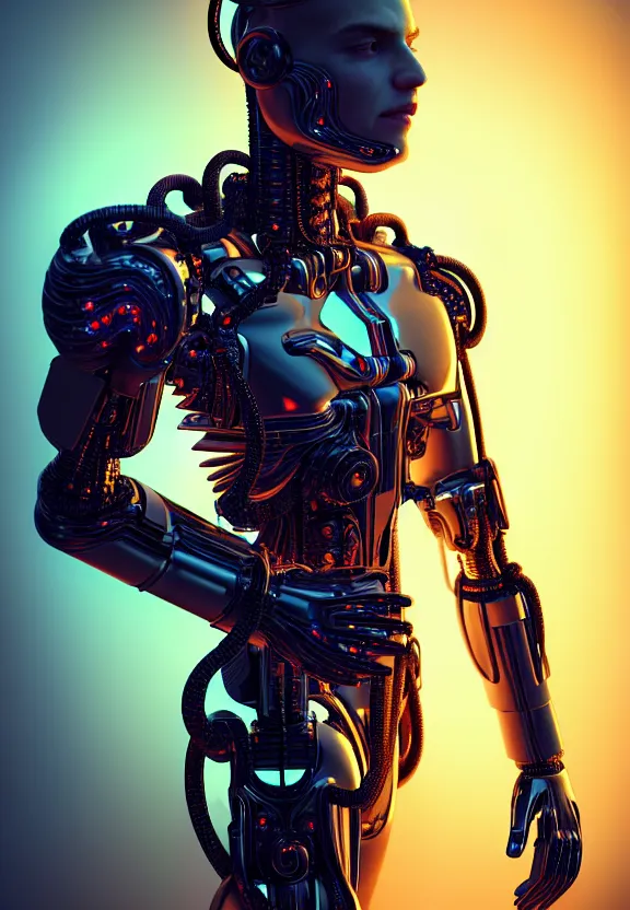 Prompt: ultra realist intricate detailed painting of a single attractive cyborg male, neon scales and cyborg tech, model pose, hyperrealistic, soft lighting, octane render