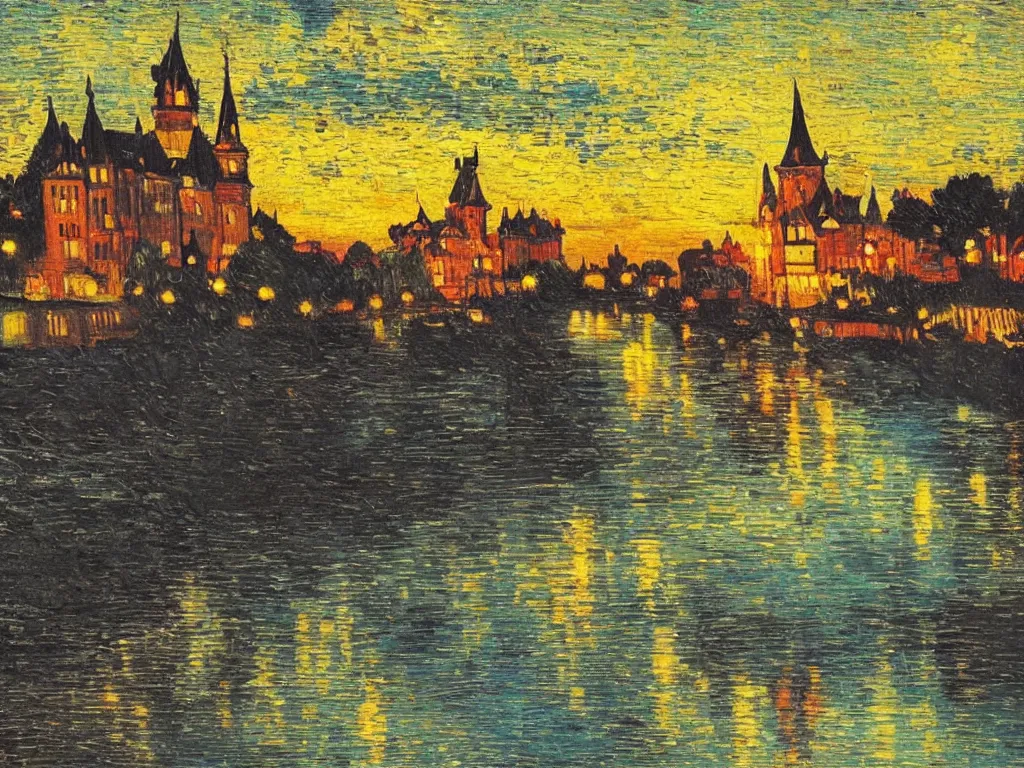 Prompt: trending on artstation, a beautiful German castle next to a river during sunset, oil on canvas, in the style of Vincent van Gogh