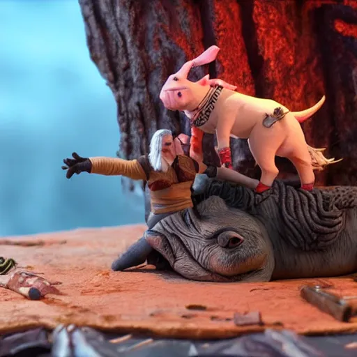 Image similar to witcher riding on pig, claymation, cinematic, 8 k,