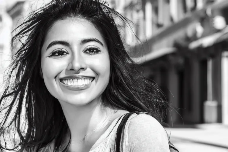 Image similar to still photo of a beautiful mexican woman smiling at the camera on the street, black and white color aesthetic, highly detailed, photorealistic portrait, bright studio setting, studio lighting, crisp quality and light reflections, unreal engine 5 quality render