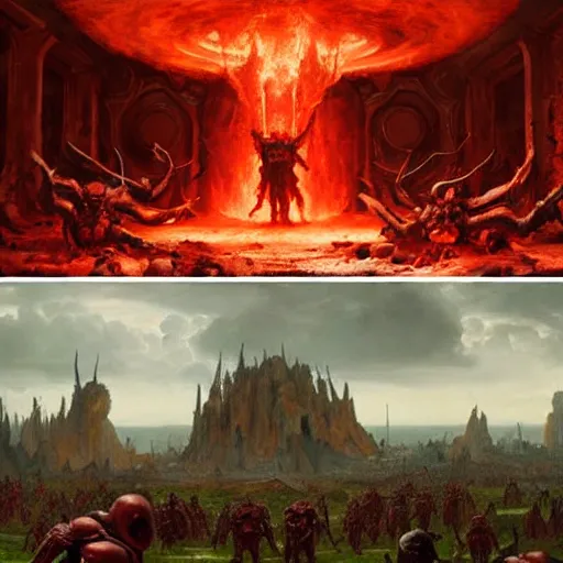 Prompt: doom eternal concept art by brueghel, mcu movie still frame of hell scene by jakub rozalski, garden of eternal delights hell by hieronymus bosh