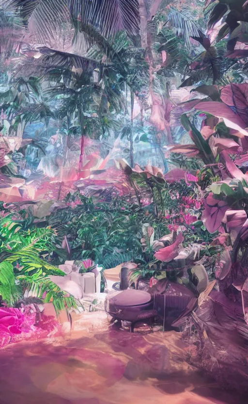 Image similar to unreal engine 5 8 k uhd render of an flamingocore tropicalwave junglepunk abstrafractalmancer, photorealistic, animal photography, photo safari, fashion shoot, lush tropical surroundings, volumetric lighting, sunlight, 1 0 5 mm lens