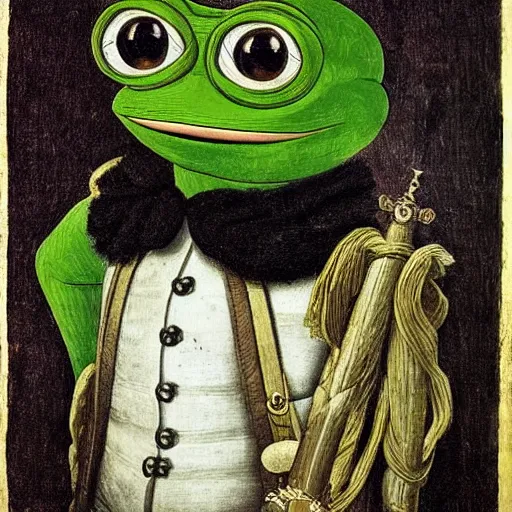 Image similar to pepe the frog as 1 8 th century prussian soldier, elegant portrait by sandro botticelli, detailed, symmetrical, intricate