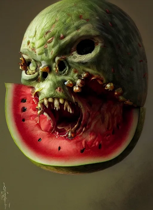 Image similar to hyper realistic photography portrait of smiling zombie with a watermelon helmet cinematic, greg rutkowski, brom, james gurney, mignola, craig mullins, artstation, cgsociety