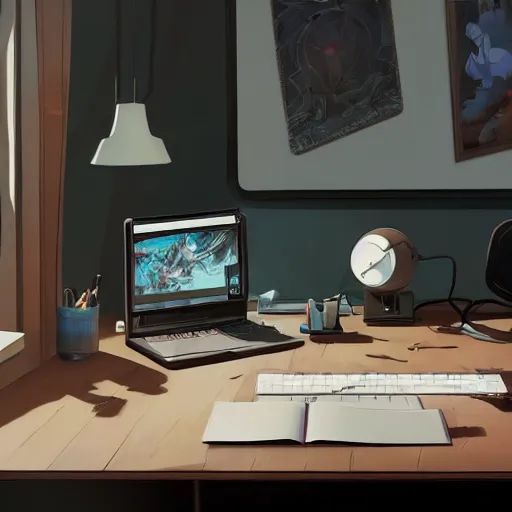 Prompt: beautiful scene render of a desk, monitor, steaming coffee on desk, dimly lit bedroom, perfectly shaded, atmospheric lighting, style of makoto shinkai and peter mohrbacher, studio ghibli. artgerm, karol bak, beeple, animation style, 8 k hd, ultra wide angle, hyper detailed