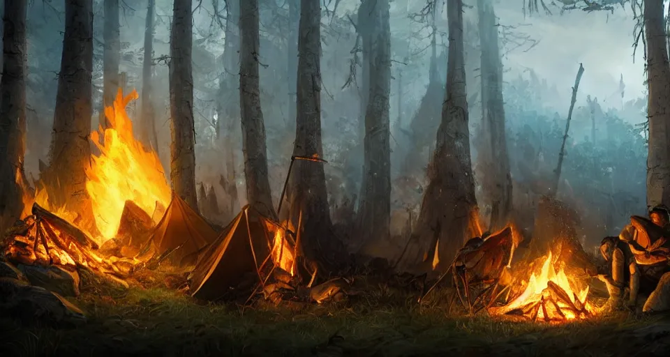 Prompt: an epic fantasy adventurer's tent left alone with a smoldering camp fire, 4 k, extremely detailed. award winning, trending on artstation, 8 k, ultra wide angle