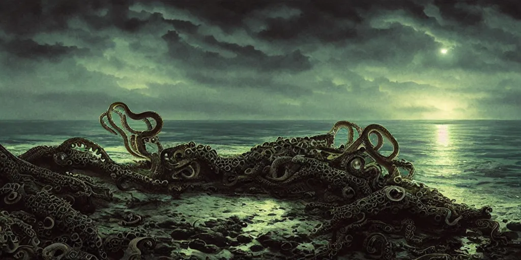 Prompt: landscape view on an decaying fishing village at night, a humanoid octopus creature emerging from the ocean, night colors, high - key lighting, beautiful composition, intricate, gradient from green to black, pro photography by, highly detailed, digital painting, art by artgerm and greg rutkowski and alphonse mucha, smooth, sharp focus illustration