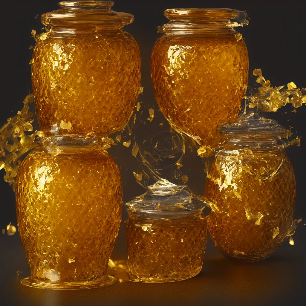 Image similar to elaborate honey jar, golden glistening, light bloom, octane render, product photography, studio photography