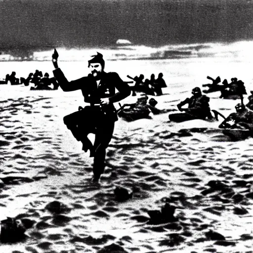 Image similar to Pewdiepie storming the beaches of Normandy, 1945, Colourized