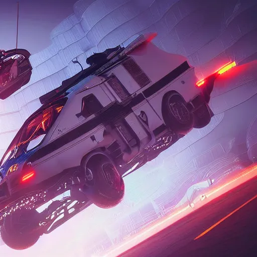 Image similar to cyberpunk alien concept of the a - team van flying trough the sky, futuristic look, highly detailed body, very powerful, photorealistic camera shot, crisp quality and light reflections, unreal engine 5 quality render