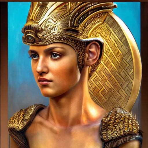 Image similar to hyperrealistic mixed media painting of beautiful goddess Athena, stunning 3d render inspired art by P. Craig Russell and Barry Windsor-Smith, perfect facial symmetry, dim volumetric lighting, 8k octane beautifully detailed render, post-processing, portrait, extremely hyper-detailed, intricate, epic composition, brown eyes, cinematic lighting, masterpiece, trending on artstation, very very detailed, masterpiece, stunning