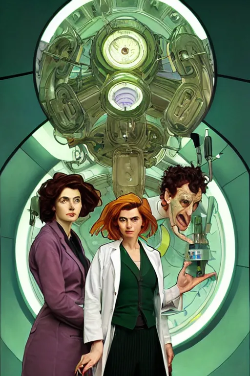 Image similar to doctor who, woman, as a mad dentist, on a plain green background, art by artgerm and greg rutkowski and alphonse mucha