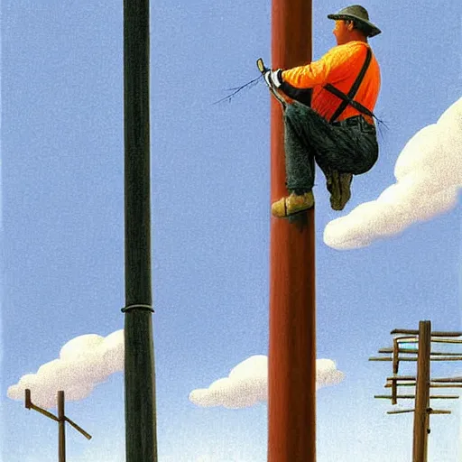 Prompt: A lineman working on a utility pole with a wasp nest on the pole painting, commercial illustration, Chris Van Allsburg