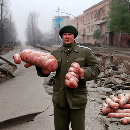 Image similar to soviet trooper with the head of hybrid of dog and pig, holding sausages, toilet paper and a notebook, on the ruined street of ukrainian village.