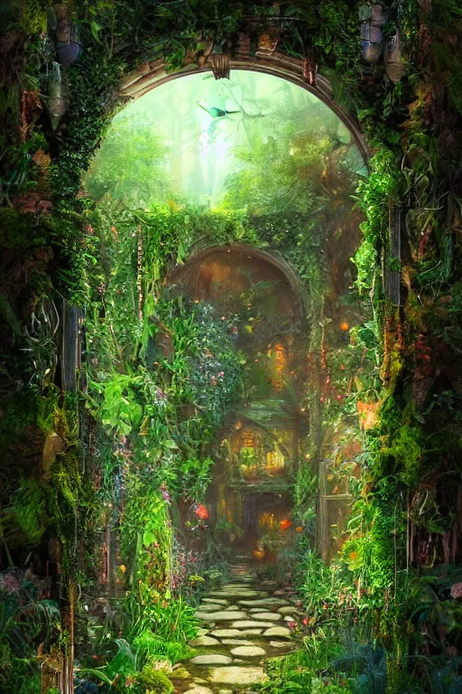 Image similar to photograph of a secret garden through a doorway, nature, lush, greenery, fantasy, fantasy aesthetic, fantasy vibe, colorful, faded effect, artstation, trending, detailed, small details, scenery,