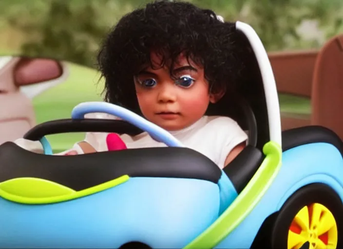 Image similar to michael jackson driving a little tikes cozy coupe, movie still, from the new jumanji movie, 8 k, realistic