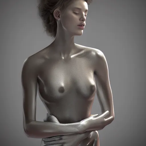 Prompt: Art by Andrew Chiampo and Frederik Heyman, a highly detailed digital art rendering and concept design of a breathtaking young ethereal woman elegantly positioned and entwined in genuine silver liquid. Fantasy, hyperrealism, 4k, volumetric lighting, three dimensions, a digitally altered world, user interface design, 3D modeling, illustration, and transportation design.