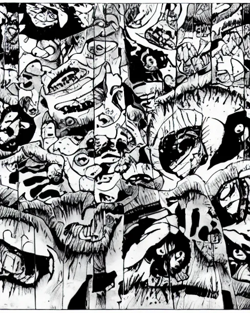 Prompt: three panels from junji ito's 'house in the style of a black cat', full width, action shot, first person, manga