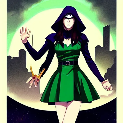 Prompt: Phil Noto comic art, artgerm, eiichiro oda, pixiv, artstation, concept art, cinematics lighting, beautiful Anna Kendrick supervillain Enchantress, green dress with a black hood, angry, symmetrical face, Symmetrical eyes, full body, flying in the air over city, night time, red mood in background