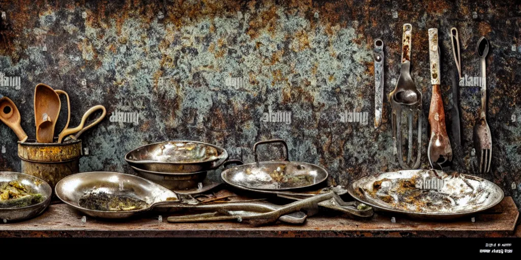 Prompt: decaying rotting puppies, moldy, on an antique distressed table top, metal kitchen utensils, old kitchen backdrop angled view, dark kitchen, style by peter lippmann, intricate detail,