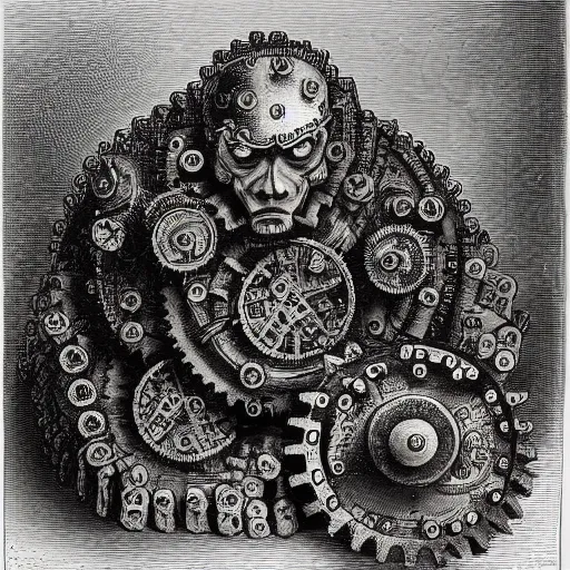 Image similar to A detailed engraving of a golem made of cogs and gears in the style of gustave dore