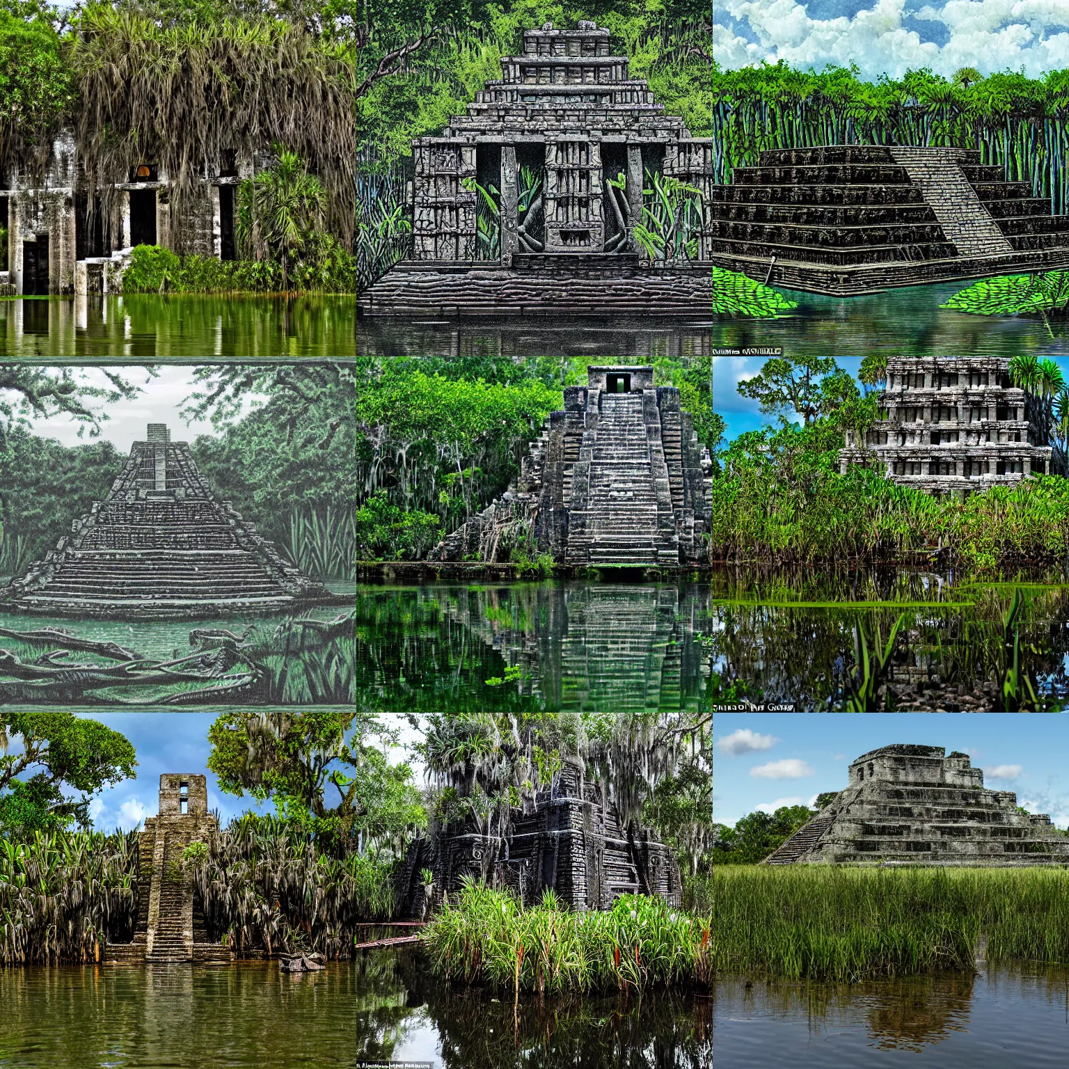 Prompt: a partially sunken aztec temple in the florida everglades, moss, vines, alligator, foreboding, in the style of a historical illustration