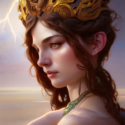 Image similar to portrait of a goddess of elemental lightning, half body, perfect face, d & d, fantasy, intricate, elegant, highly detailed, digital painting, artstation, concept art, smooth, sharp focus, illustration, art by artgerm and greg rutkowski and alphonse mucha