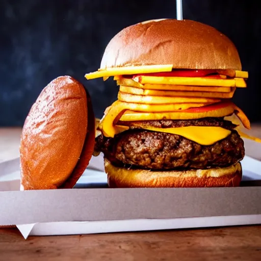 Image similar to colossal tall burger, stacked, award winning food photography, golden hour, holy