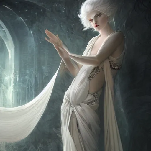 Prompt: white haired robe celestial goddess full body portrait, flower corridor, atmospheric lighting, perfect shadow, fine kindness delicate prefect face features gaze, elegant, smooth, style of tom bagshaw, cedric peyravernay, peter mohrbacher, victo nga, james jean, ross tran, louis comfort tiffany, raphael lacoste, 4 k hd illustrative wallpaper, chinese style