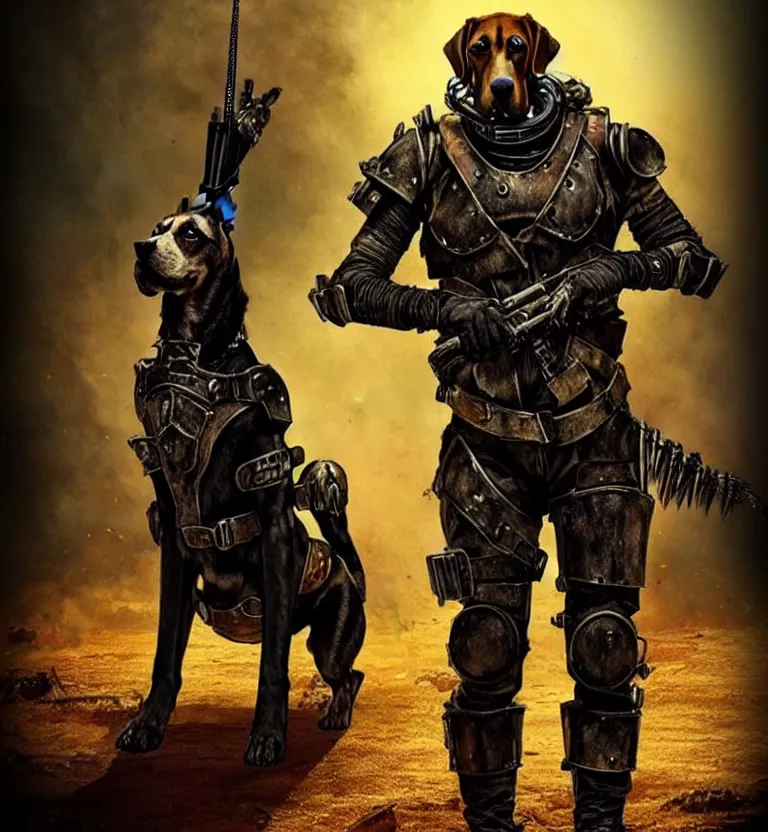 Image similar to a good ol'hound dog fursona ( from the furry fandom ), heavily armed and armored facing down armageddon in a dark and gritty version from the makers of mad max : fury road. witness me.