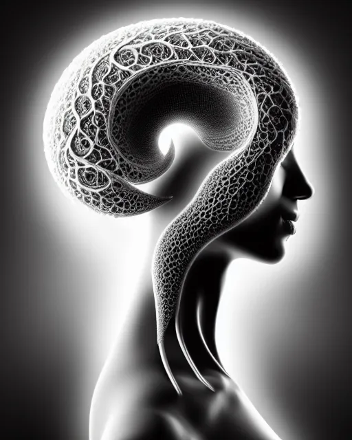 Prompt: a black and white 3D render of a beautiful profile face portrait of a young female angelic-dragon-extraterrestrial-cyborg face with a very long neck, big clear eyes, thin nose, big lips, hair floating in the wind, 150 mm, flowers, Mandelbrot fractal, anatomical, flesh, facial muscles, veins, arteries, full frame, microscopic, elegant, highly detailed, flesh ornate, elegant, high fashion, rim light, ray trace, octane render in the style of H.R. Giger and Man Ray, Realistic, Refined, Digital Art, Pre-Raphaelite, Highly Detailed, Cinematic Lighting, rim light, black and white, photo-realistic Unreal Engine, 8K