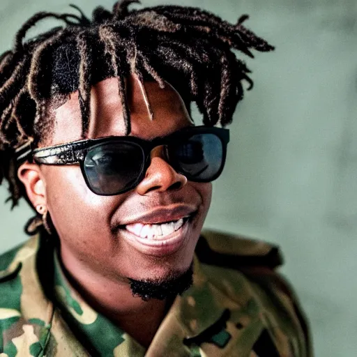 Image similar to the rapper gunna dressed in full combat gear serving in iraq, film grain, smiling