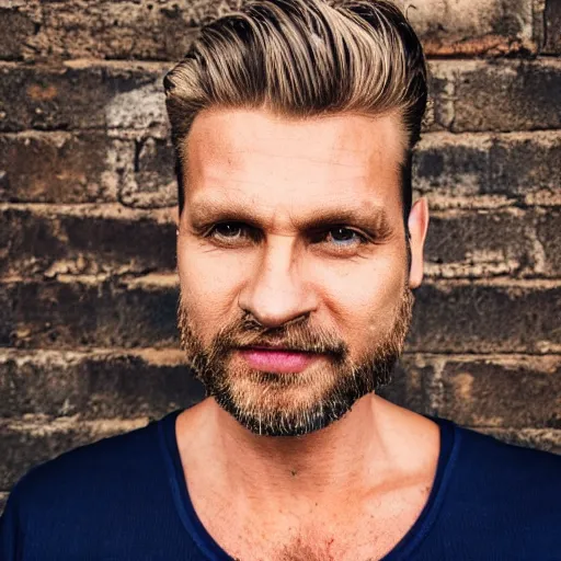 Image similar to close up of face of good looking 4 0 year old slavic blond man with blond stubble, very short wavy blond hair in a short pompadour style, very dark blue eyes, wearing a tank top, hairy shoulders, hairy chest, portrait, 4 k