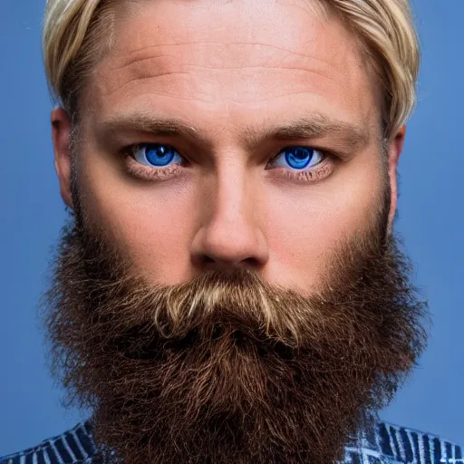 Image similar to close up of face of 4 0 year old anglo slavic blond man with a trimmed blond beard, short wavy blond hair, sapphire blue eyes, portrait, 4 k