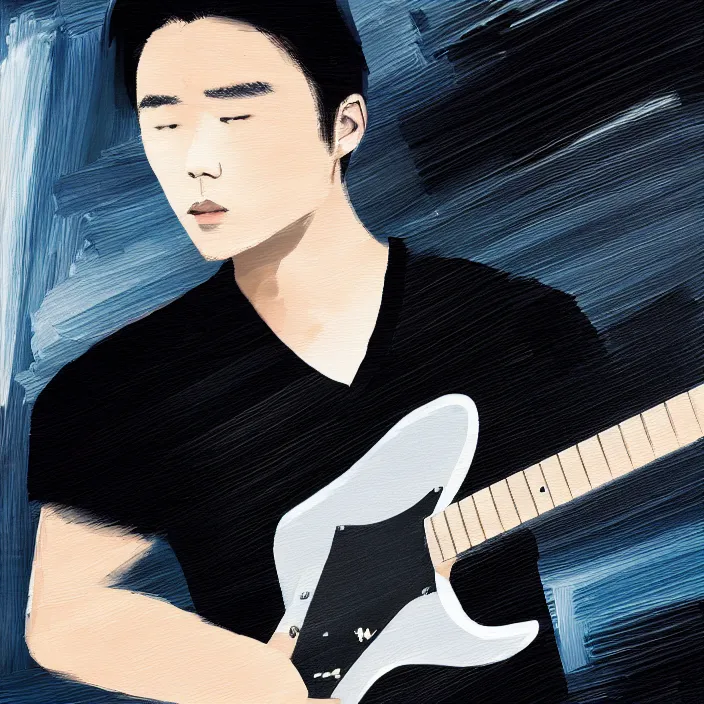 Image similar to large diagonal brush strokes, abstract dark painting of a young korean male musician wearing stylish black v neck t shirt holding a telecaster!!! electric guitar!!, thick flowing dramatic brush strokes, dark matte colors, abstract, impressionist, motion, trending on artstation