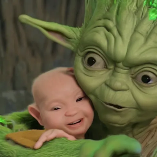 Image similar to Baby Yoda And groot meet each other for the first time 4K quality super realistic