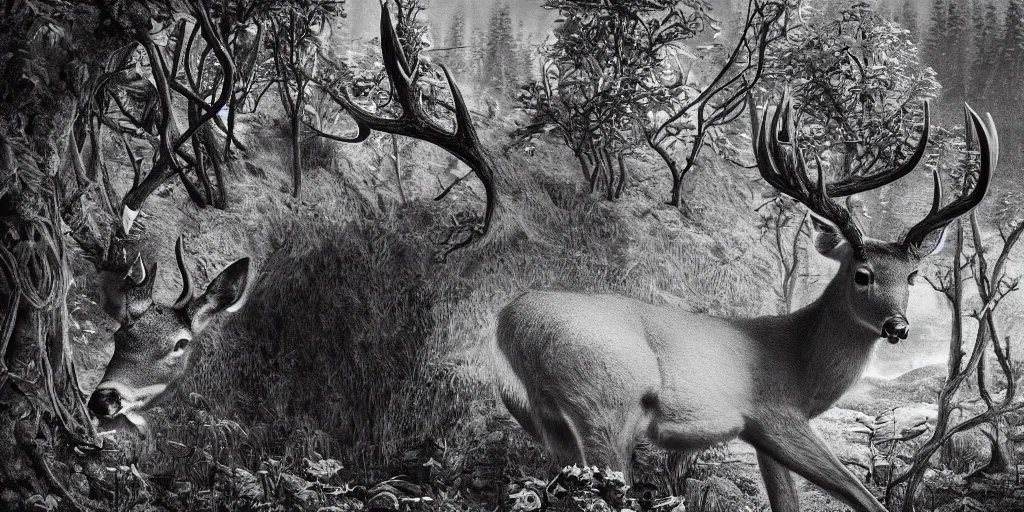 Image similar to portrait of deer getting overgrown by roots, edelweiss growing on his head, forest, dolomites, alpine, detailed intricate insanely detailed octane render, 8k artistic 1920s photography, photorealistic, black and white, chiaroscuro, hd, by David Cronenberg, Raphael, Caravaggio