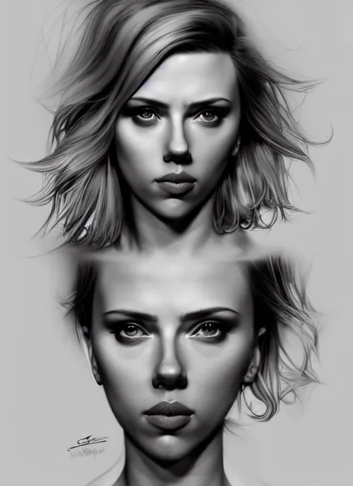 Image similar to full body gorgeous Scarlett Johansson, realistic character concept, arm tattoo sleeves, full body pose, autumn, makeup, shorter neck, illustration, symmetrical eyes and body, cinematic lighting, detailed realistic symmetrical eyes, artgerm, Joshua Middleton, single face, insanely detailed and intricate, beautiful