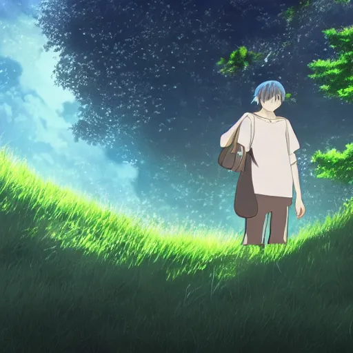 Prompt: guy and a friendly creature in the spitited away style, 4k art, high detail, smooth, anime beautiful peace scene, detailed face, studio ghibli, sharp focus high quality, fantasy, forest, detailed, wonderful, sky, dark